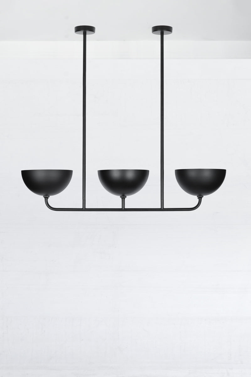 3 lamp Linear Chandelier in black, with small Dome shades.