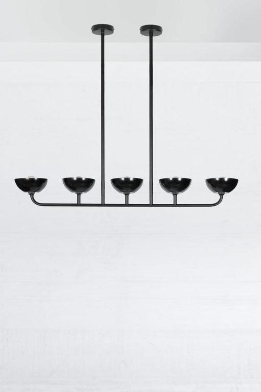 Black 5 light linear chandelier with black Bakelite shades. 