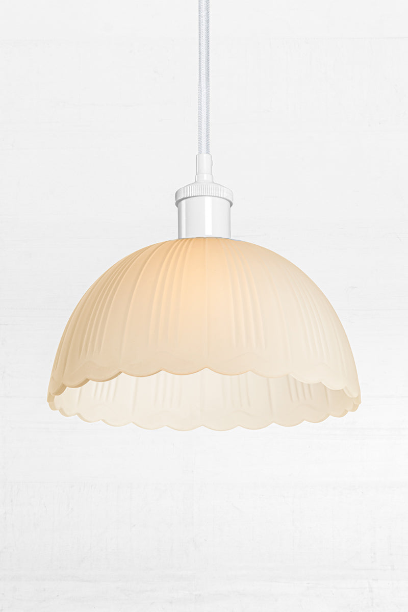 white cord with dome frost glass shade and scalloped edging