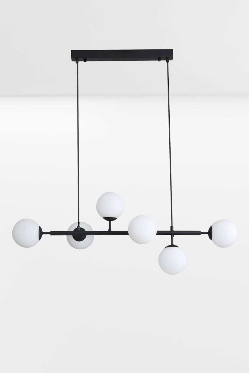 Black 6 light linear glass ball pendant light. 