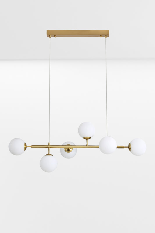 Gold/brass 6 light linear glass ball pendant light. 