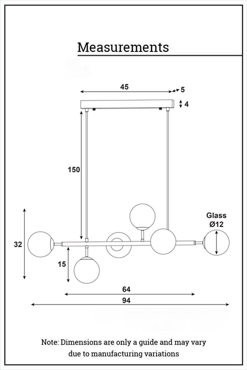 Dimension illustration for 6 glass ball liner pendant. 