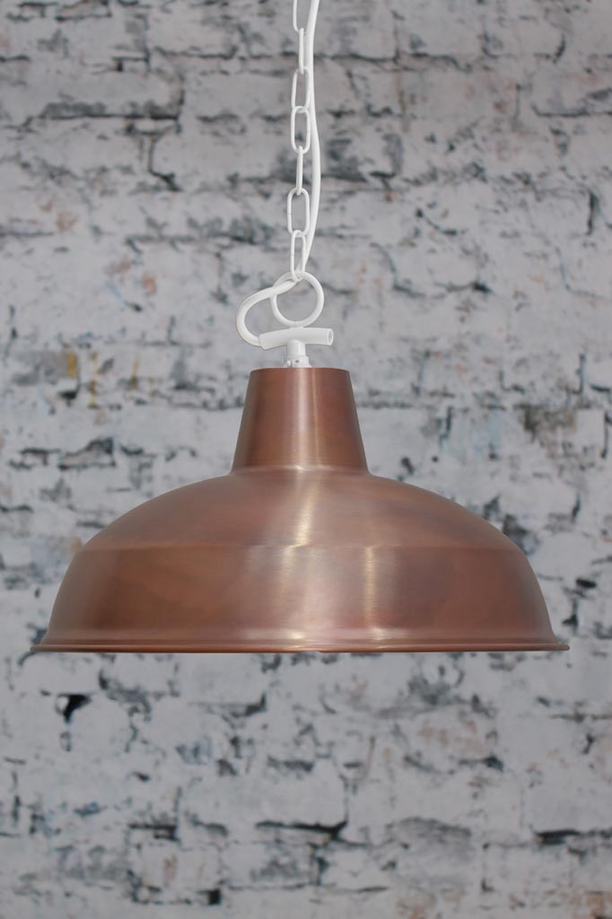 Small solid copper Industrial Warehouse shade with a white side entry chain suspension.