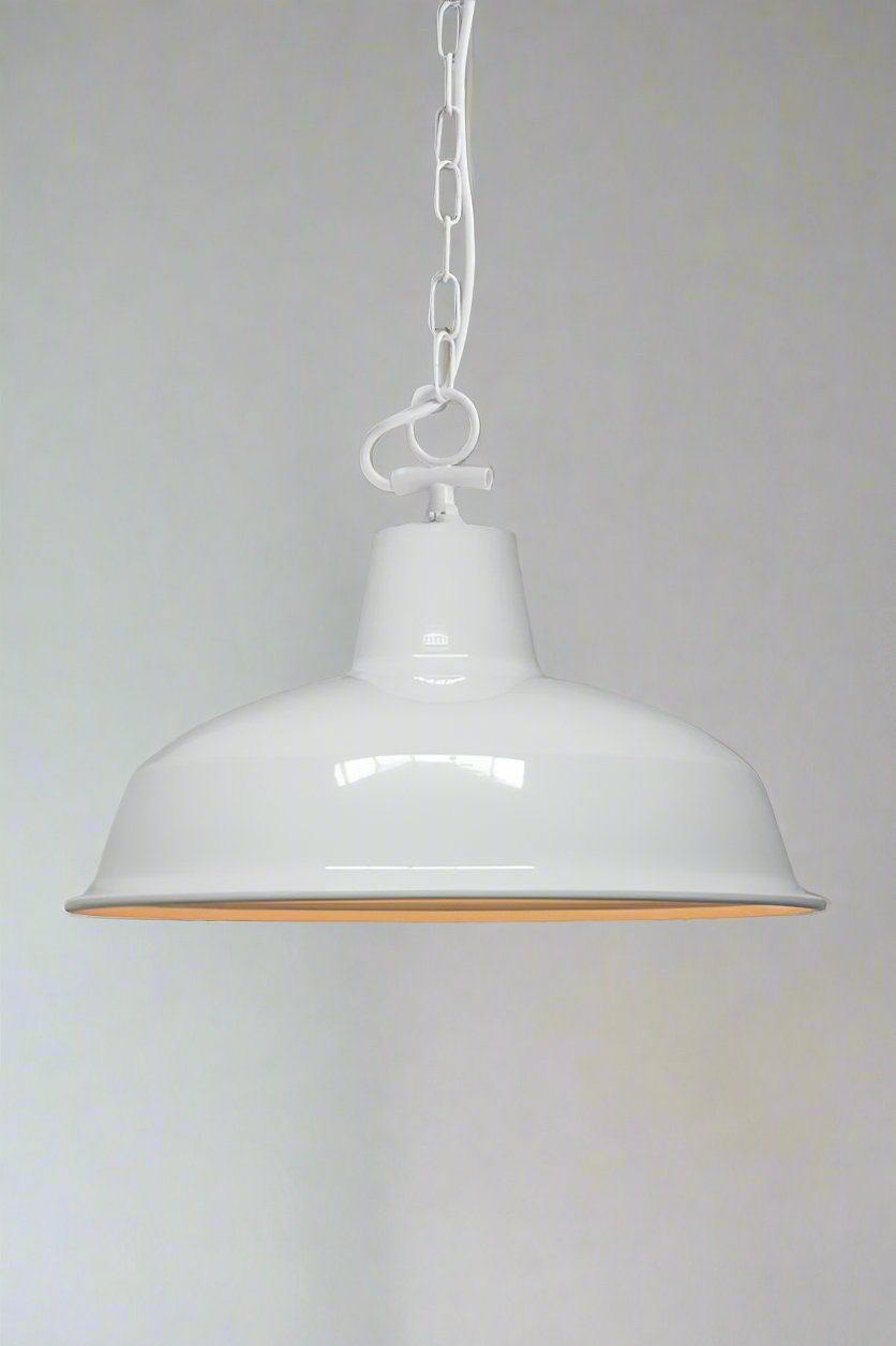 Small white Industrial Warehouse shade with a white side entry chain suspension.