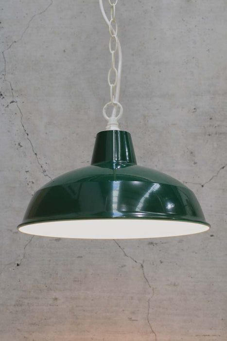 Small federation green warehouse shade on a white top entry suspension chain.