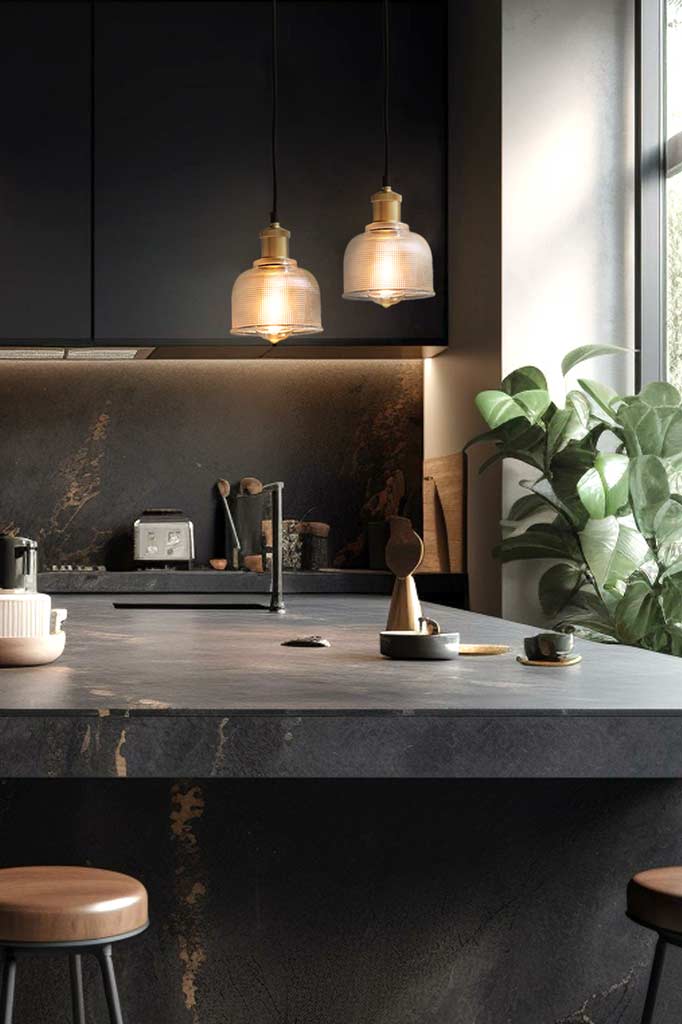 two small glass pendant lights over kitchen island