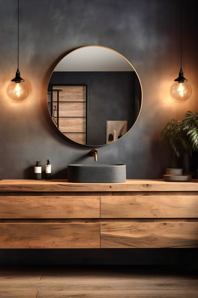 Three pendant light with small clear shades installed in a bathroom.