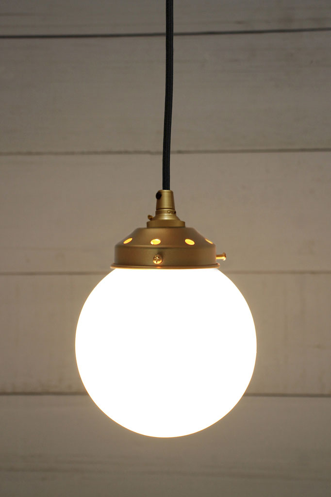 Gold brass round cord pendant light with small opal shade