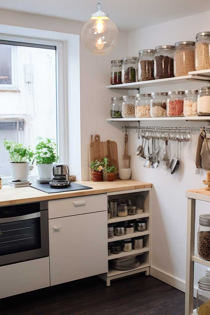 Large clear glass ball shade hanging in a fresh and airy pantry by a white gallery and chain.