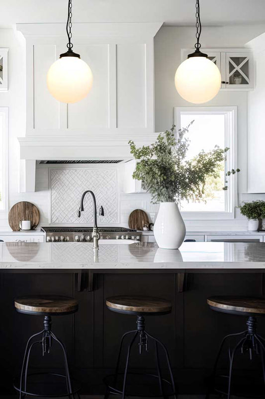 opal glass balls over kitchen island bench