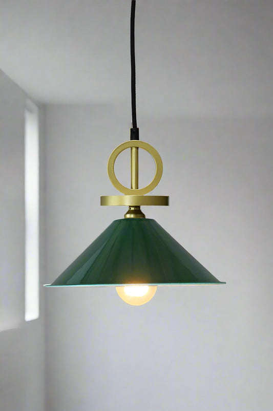 Small green pendant light with gold cord with disc