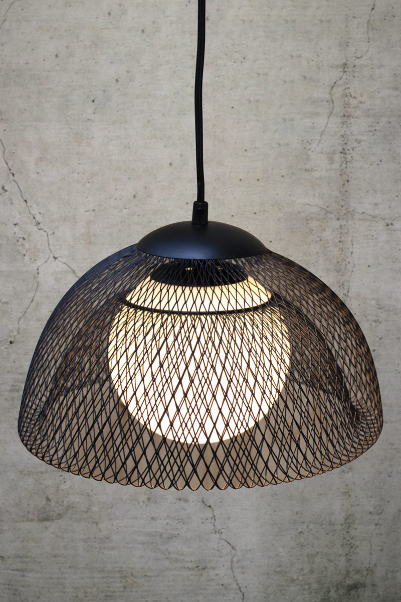 Black basket pendant with opaque glass shade