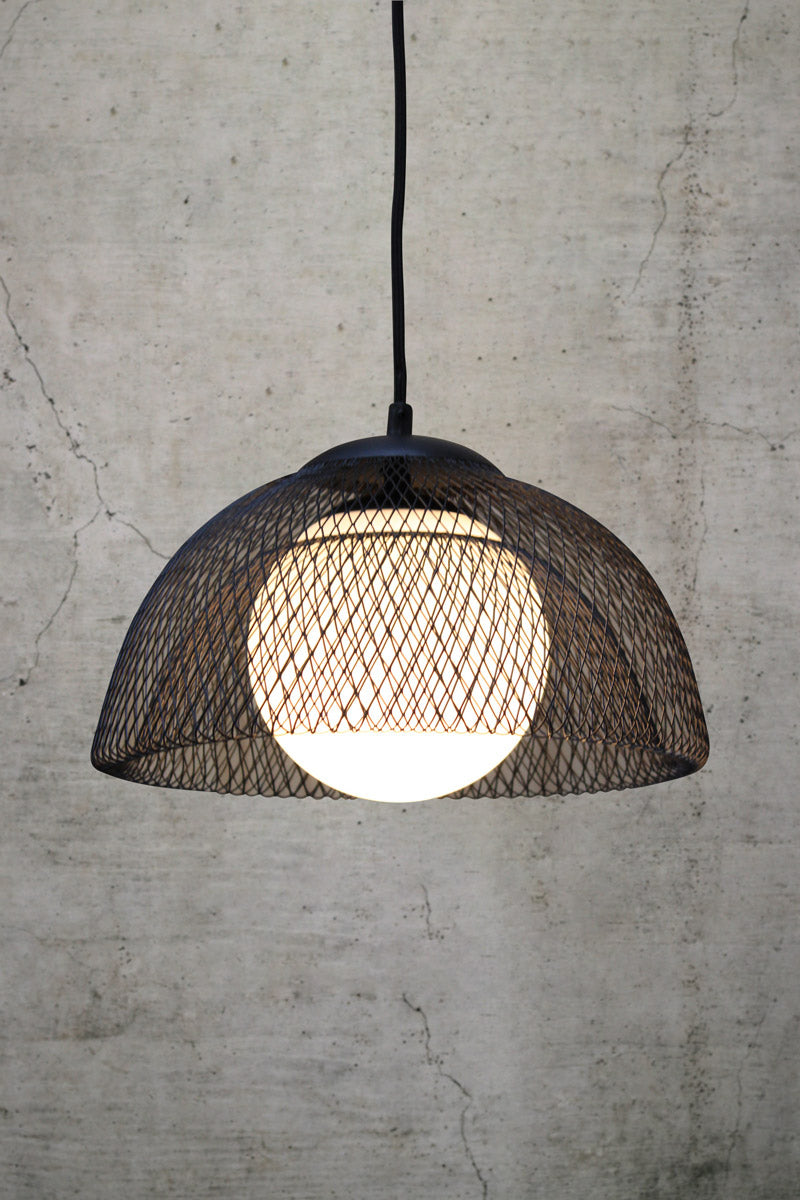 Black basket pendant with opaque glass shade