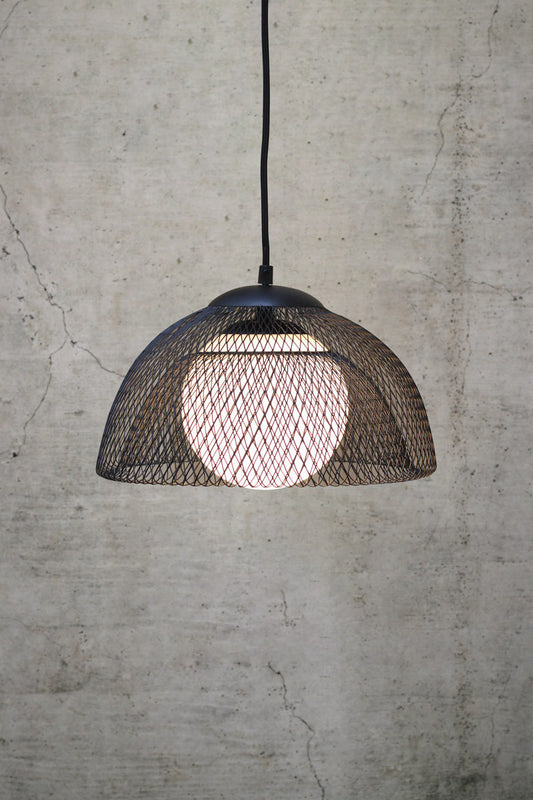 Black basket pendant with opaque glass shade