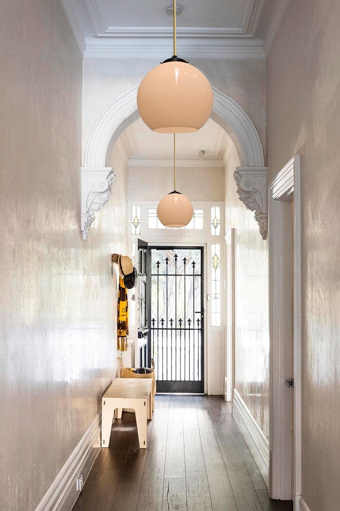 pendant lights on poles in hallway