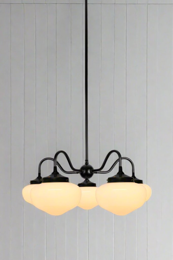 Black 5 arm gooseneck chandelier with small opal washington shades. 