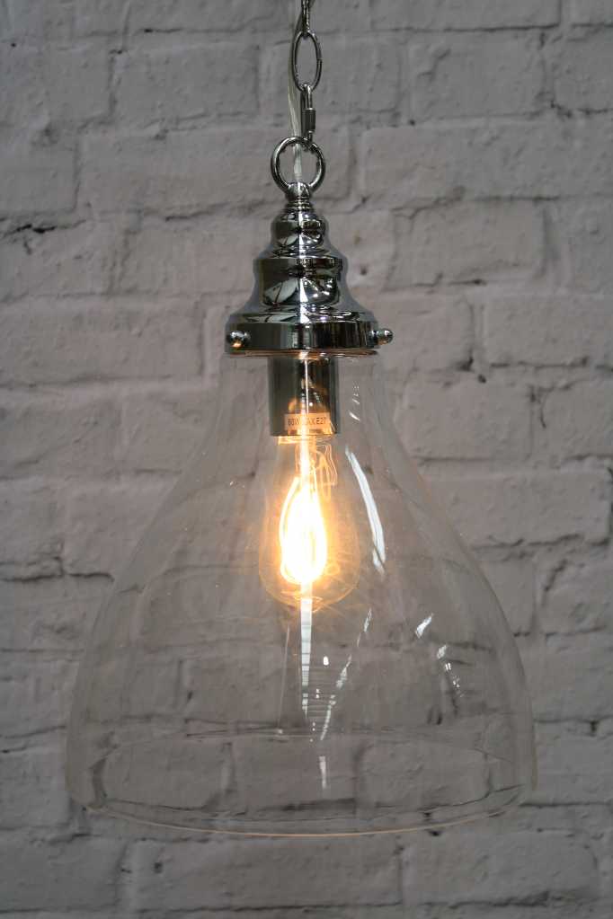 Close up of the Small glass and chrome pendant light