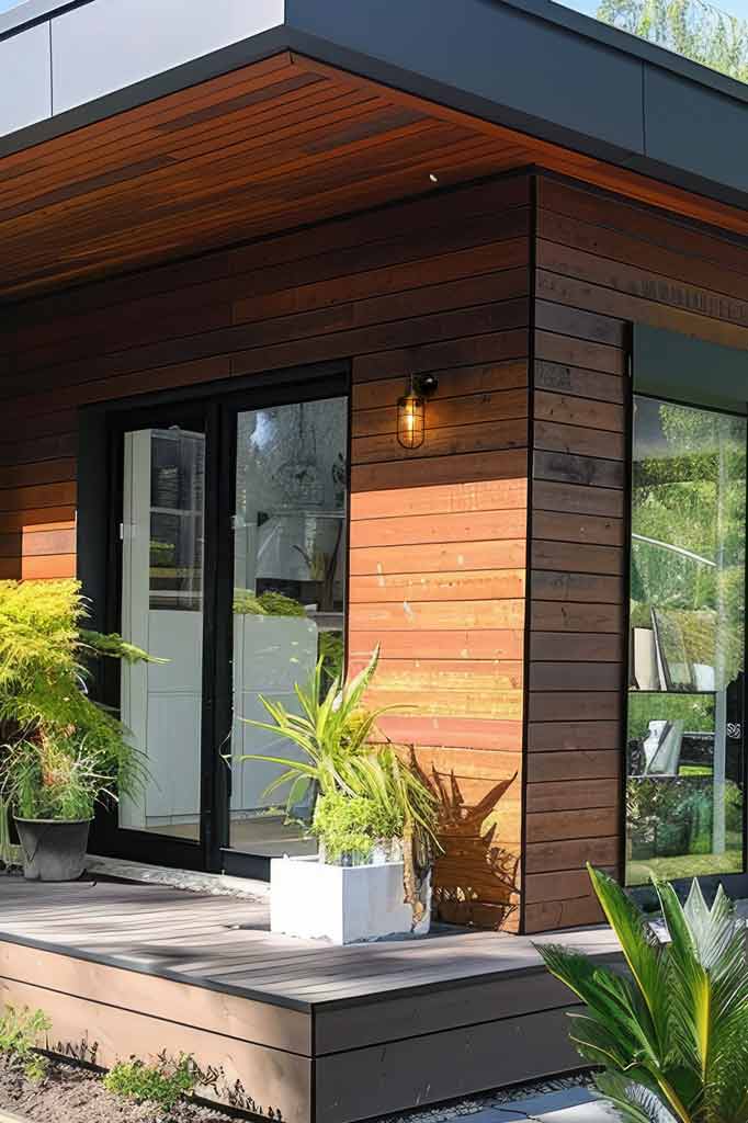 A black caged wall sconce hanging on a modern timber cabin.