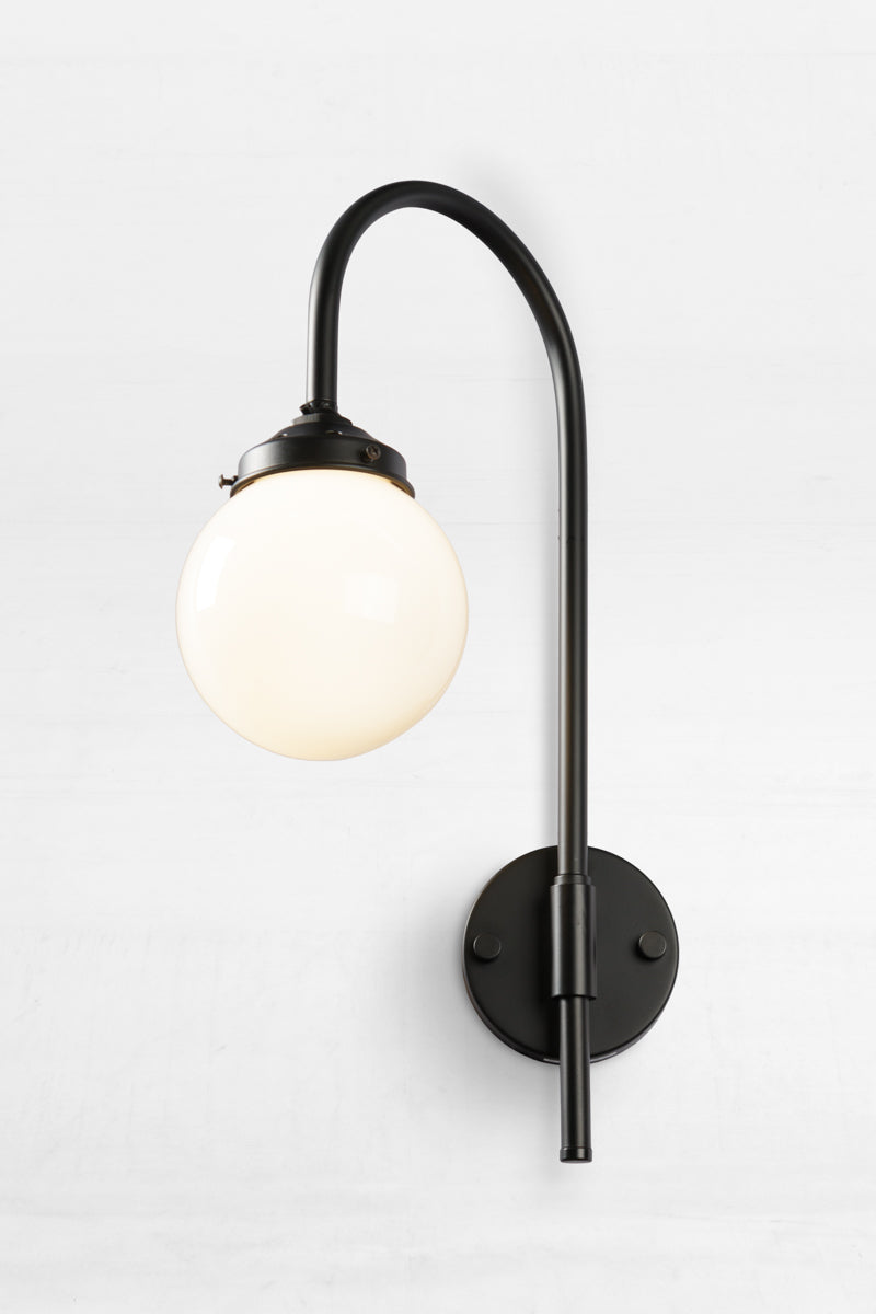 Glass Ball with black Shepard Hook Swivel Arm Wall Light and opal shade