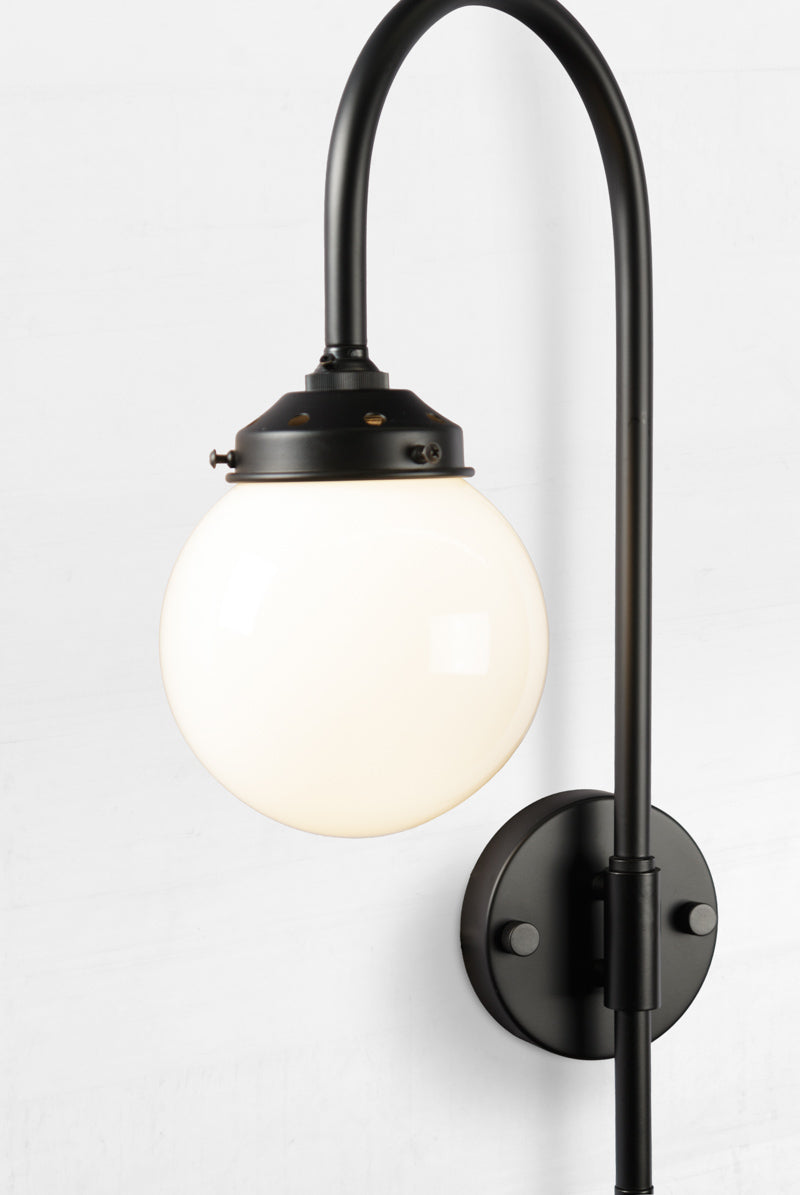 Glass Ball with black Shepard Hook Swivel Arm Wall Light 