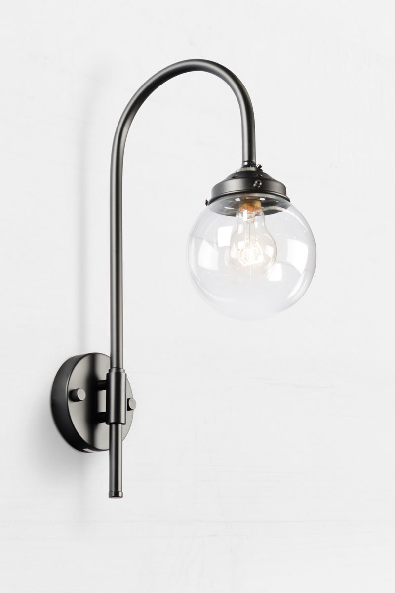 Glass Ball with black Shepard Hook Swivel Arm Wall Light and clear shade