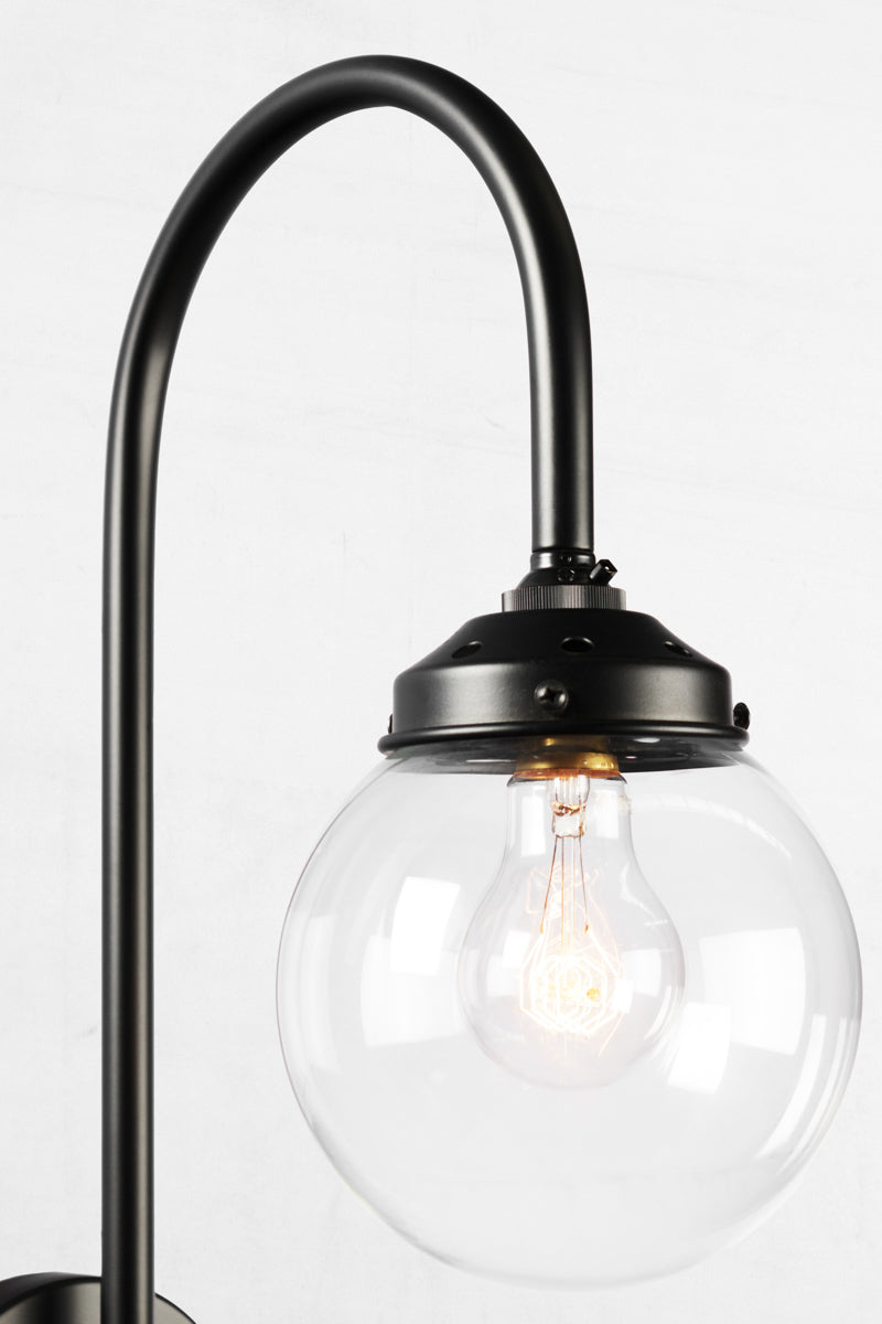 Glass Ball with black Shepard Hook Swivel Arm Wall Light and clear shade