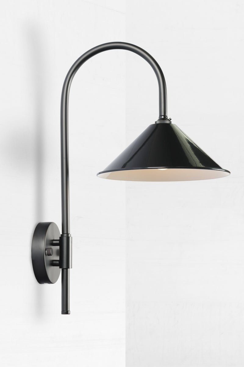 Shepard gooseneck wall light in black with a black cone shade. 