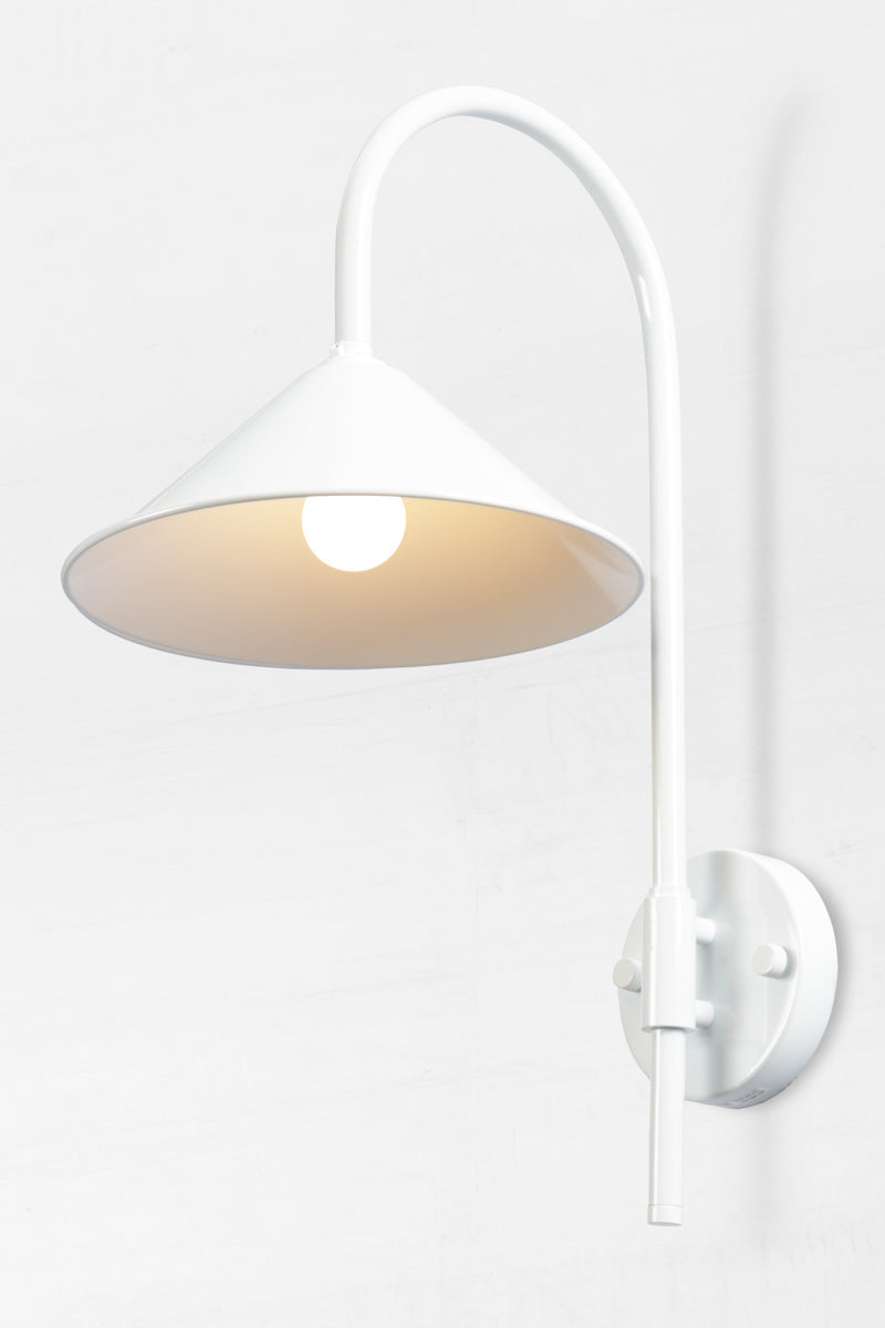 Shepard gooseneck wall light in white with a white cone shade. 