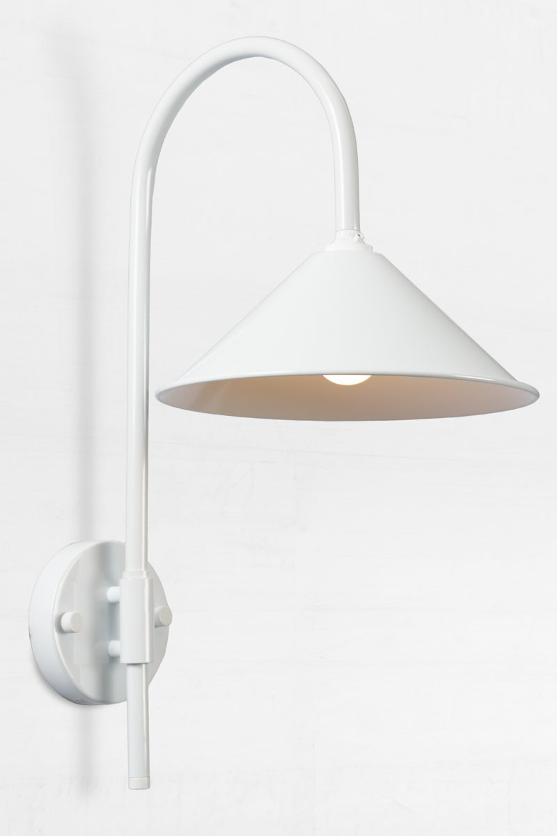 Shepard gooseneck wall light in white with a white cone shade. 