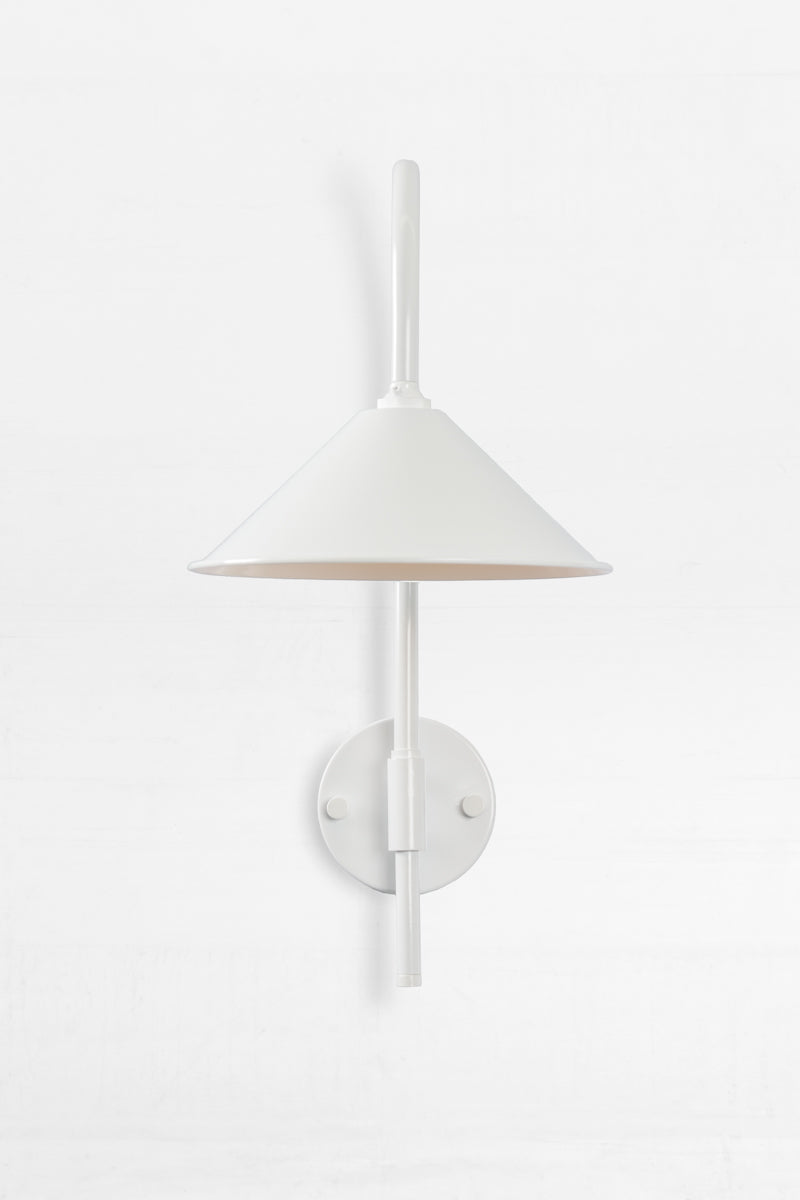 Front view of the Shepard gooseneck wall light in white with a white cone shade. 