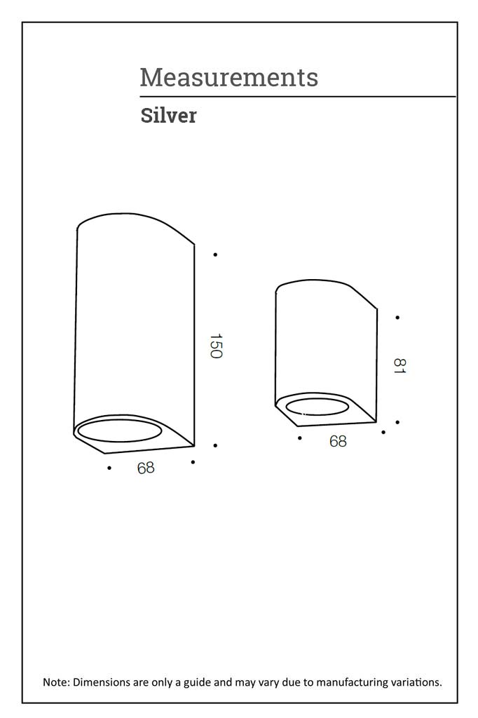 Dimension illustration of the silver Brookside outdoor wall light