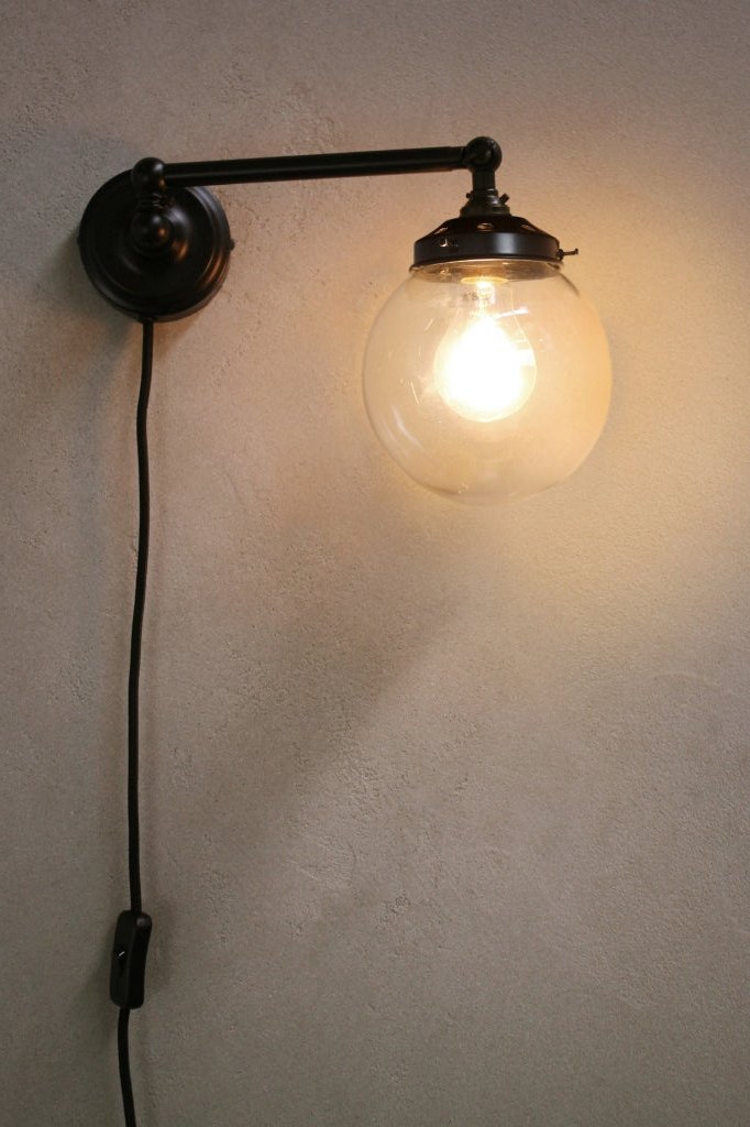 Clear glass ball shade on black adjustable wall sconce with wall plug. 