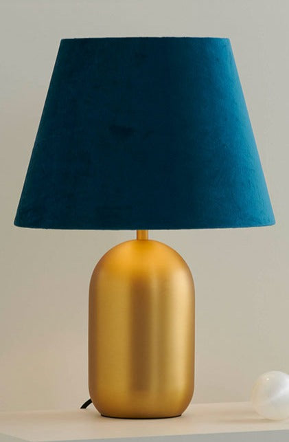 satin brass cylindrical base with blue velvert shade