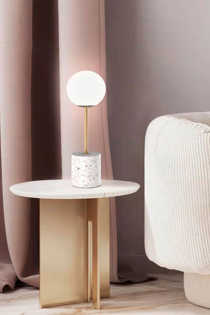 table lamp with terrazo base in a living room