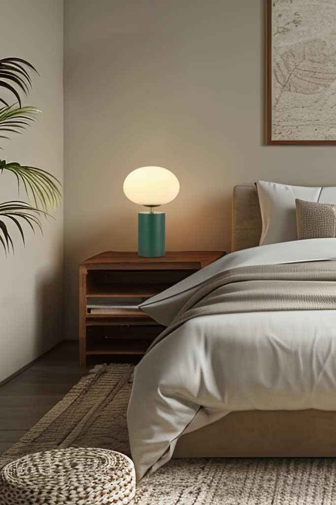 Bogart Touch Table Lamp with a green base placed on a bedside table in a cream coloured bedroom.