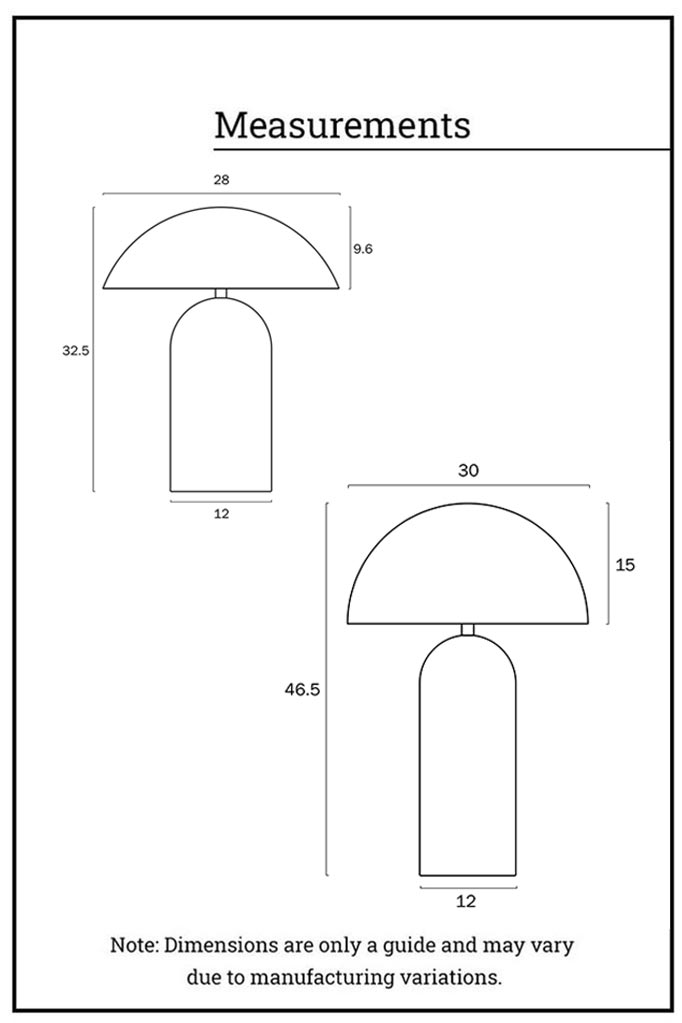 Dimension illustration of the Newman Table Lamp in small and large. 