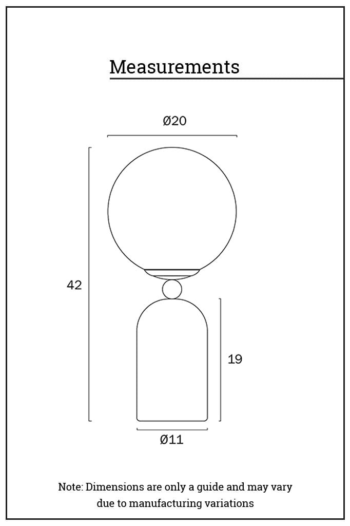 Dimension illustration of the Shorestone Glass Ball Table Lamp.