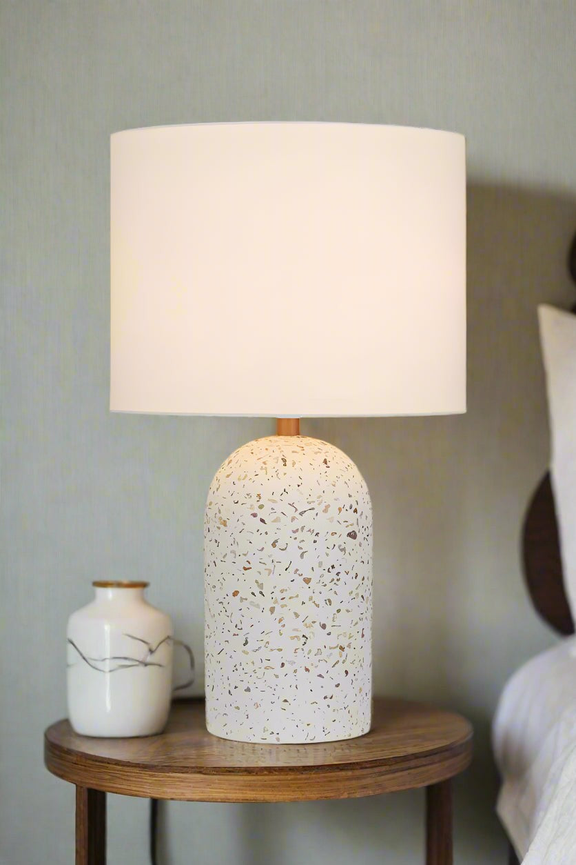 Medium terrazzo lamp with ivory linen shade.