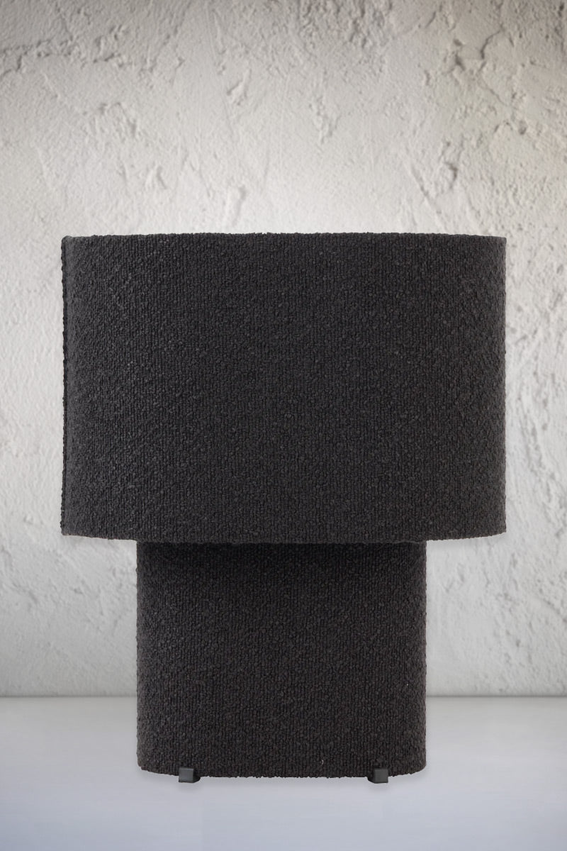 Black broulee fabric table lamp. 