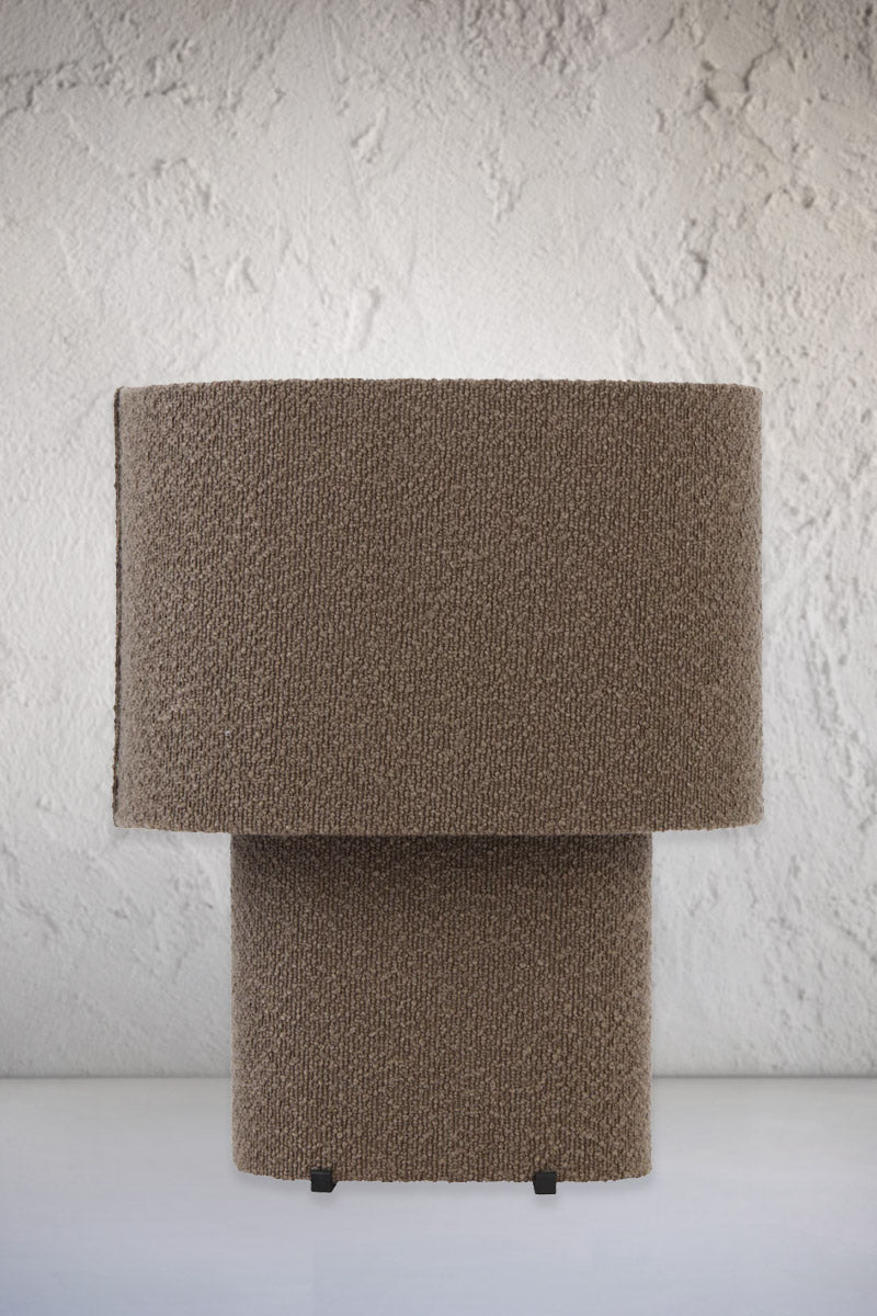 Brown broulee fabric table lamp. 