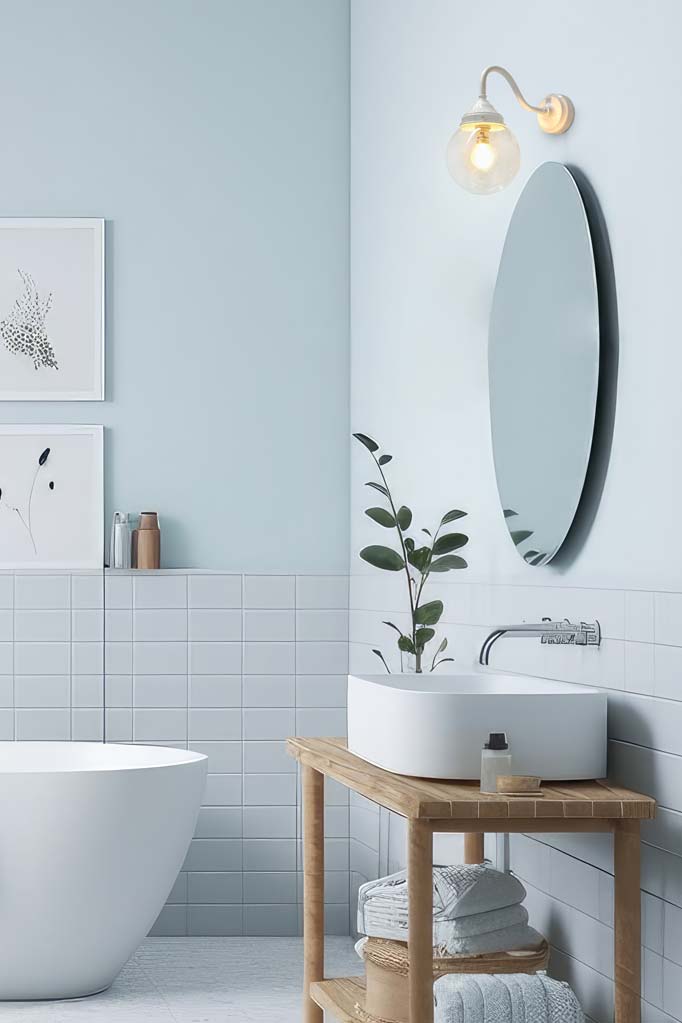 white sconce with glass shade in bathroom over mirror