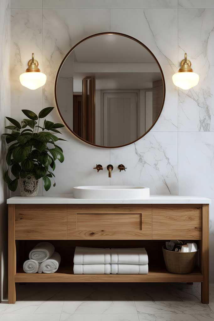 Two Washington gooseneck exterior light's with gold arms shown as vanity lighting, either side of a large round mirror in a bathroom. 