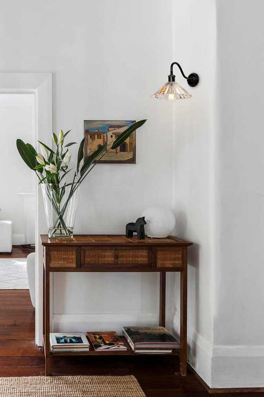 Paris Pleated Glass Gooseneck Black Wall Light in the entrance hallway