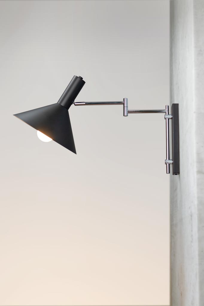 Iowa Wall Lamp with large black shade and chrome arm