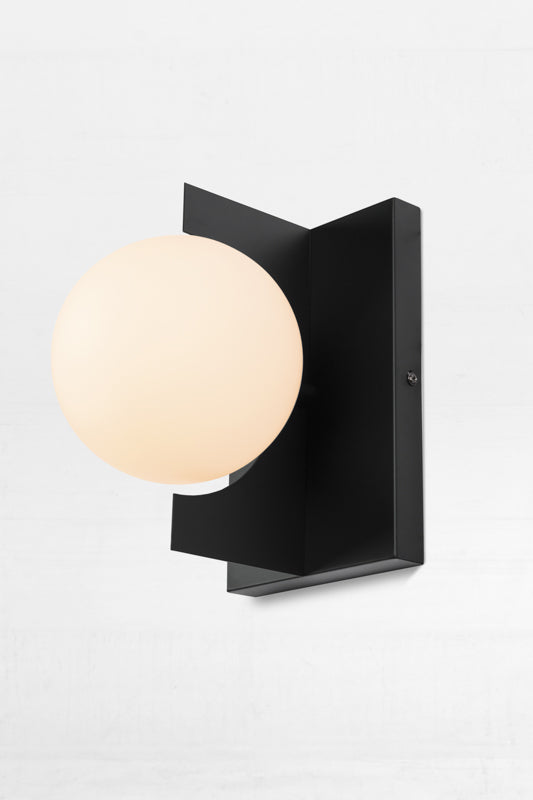 black slimline wall sconce with opal shade