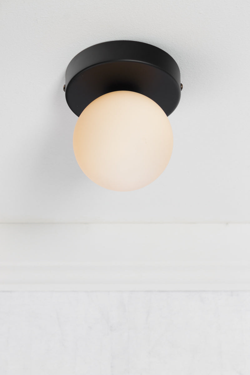 Brooklyn Steel Orb Flush Mount with black steel batten holder