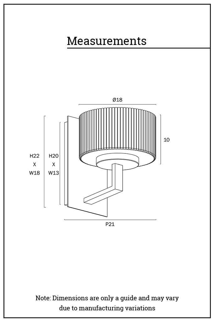 Dimension illustration of the Aalto Reeded Glass Wall Light.