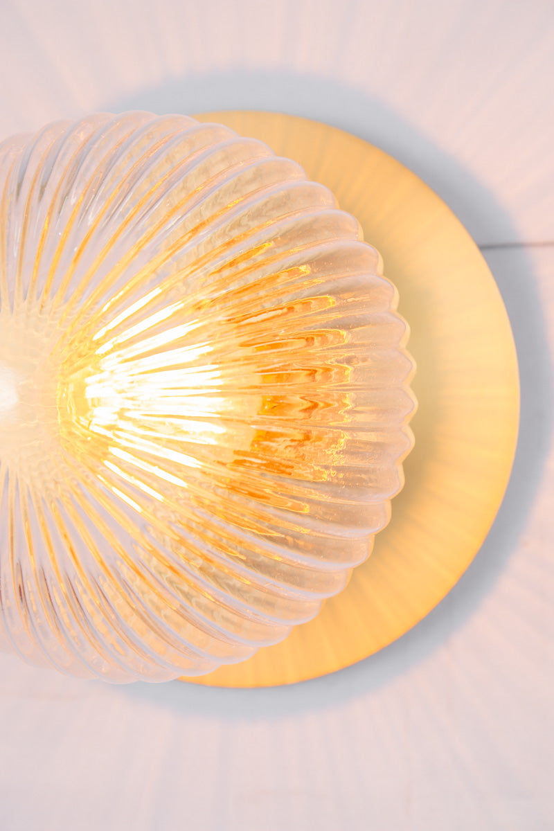 Close up of small clear reeded glass ball shade paired with a small brass disc. 