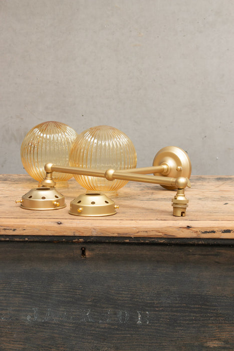 Amber Reeded Glass Ball with gold brass Double Wall Light