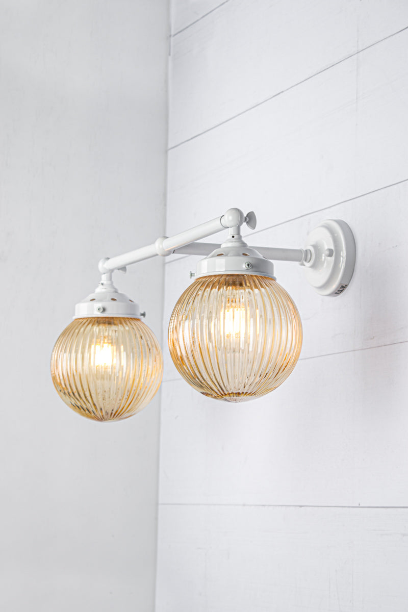 Dakota Reeded Glass Ball Double Wall Light white with amber shades